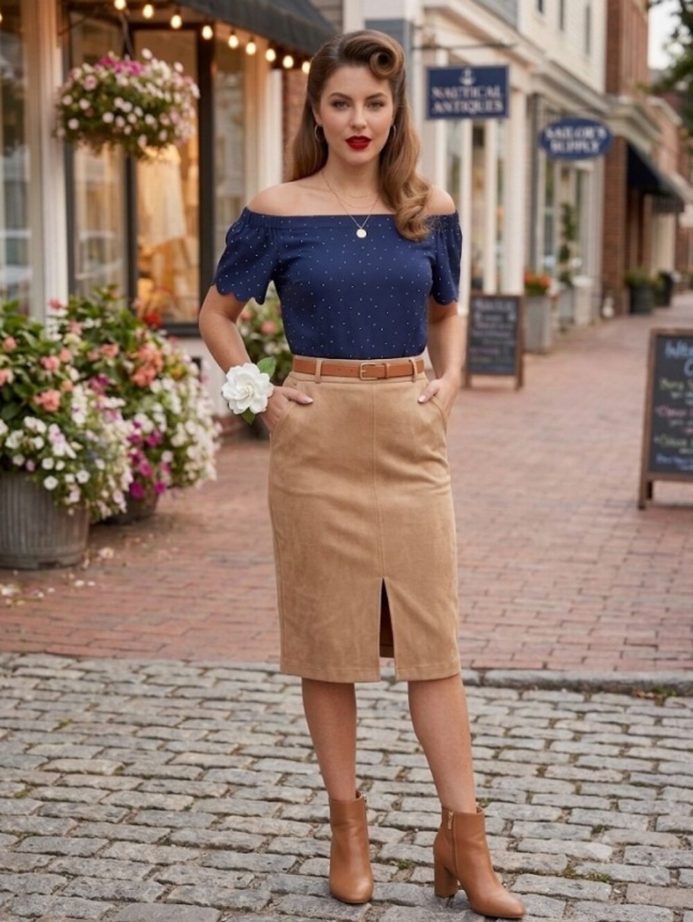 Elle Navy Off The Shoulder Flutter Sleeves Top White Polka Dot, Medium - Picture 3 of 13